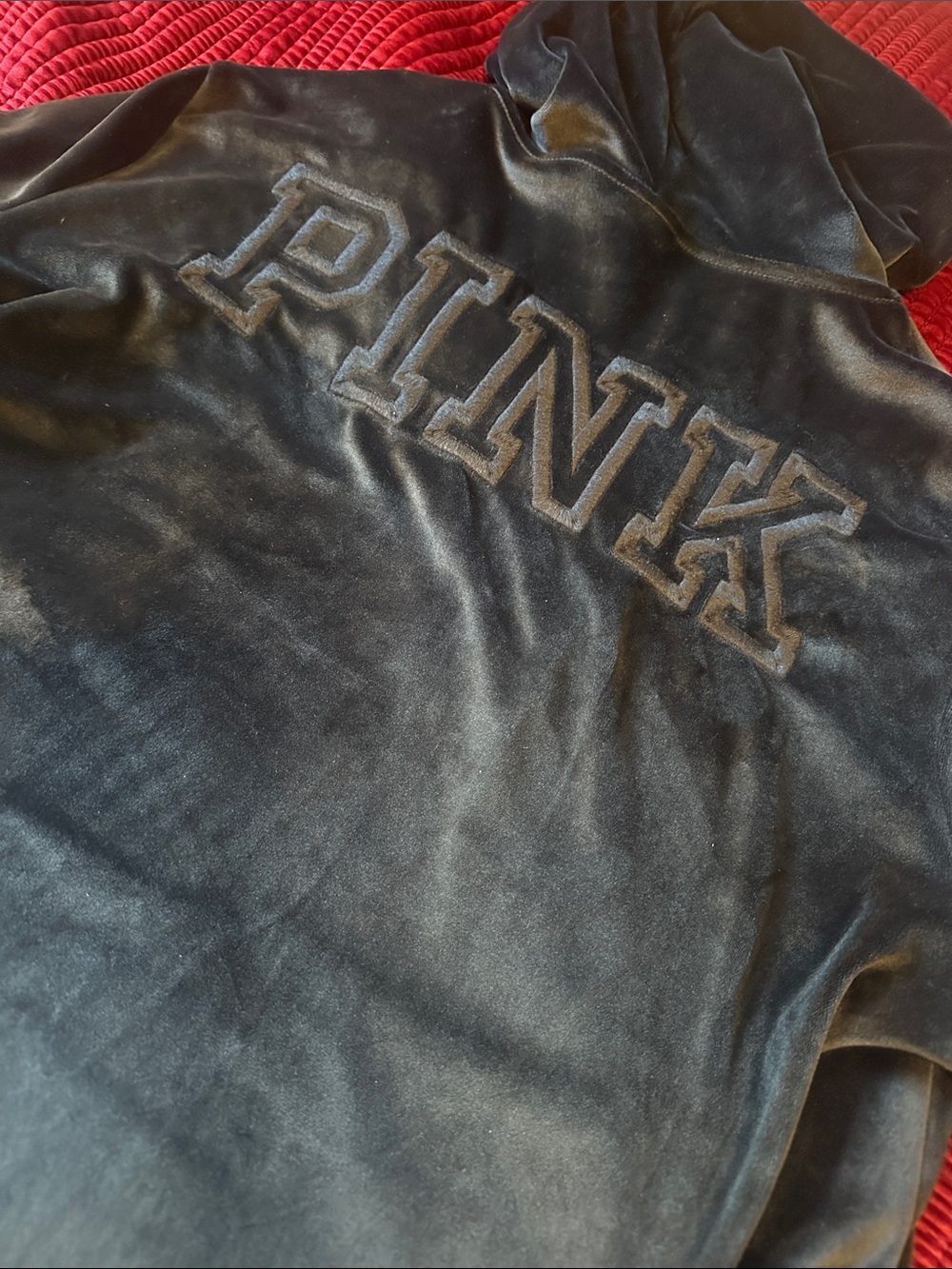 PINK Victoria's Secret Black Velvet Lettering Hoodie